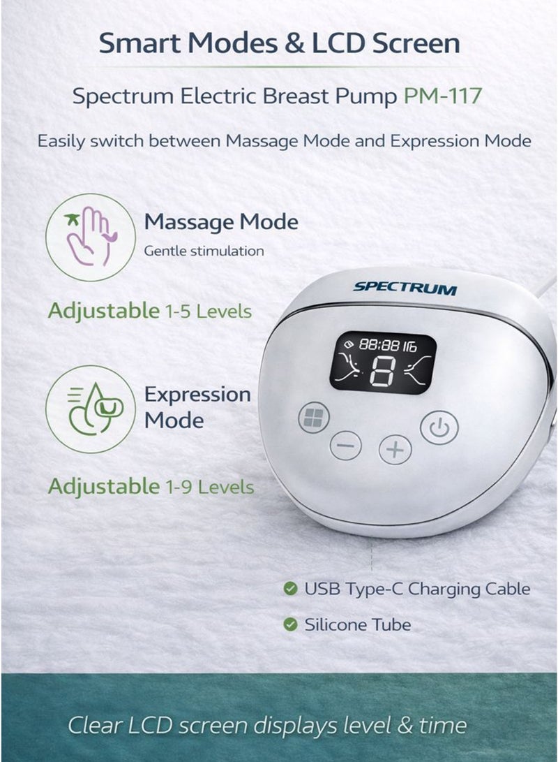 Spectrum Electric Breast Pump PM-117 USB Type-C Rechargeable Single Milk Pump for Nursing & Breastfeeding Moms 5 Massage Levels & 9 Suction Levels Soft Silicone Breast Shield Cushion Anti-Backflow Hygienic Closed System LCD Digital Display Touch Control Portable, Quiet, Lightweight BPA-Free PP Baby Bottle 180ml (6oz) with Stand Easy to Clean for Home, Travel, Working Mothers Pumping & Milk Storage - Image 2